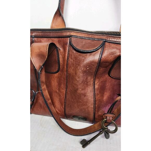 Vintage Fossil Reissue Large Satchel Handbag Camel Brown Leather With Key Charms - Picture 16 of 16